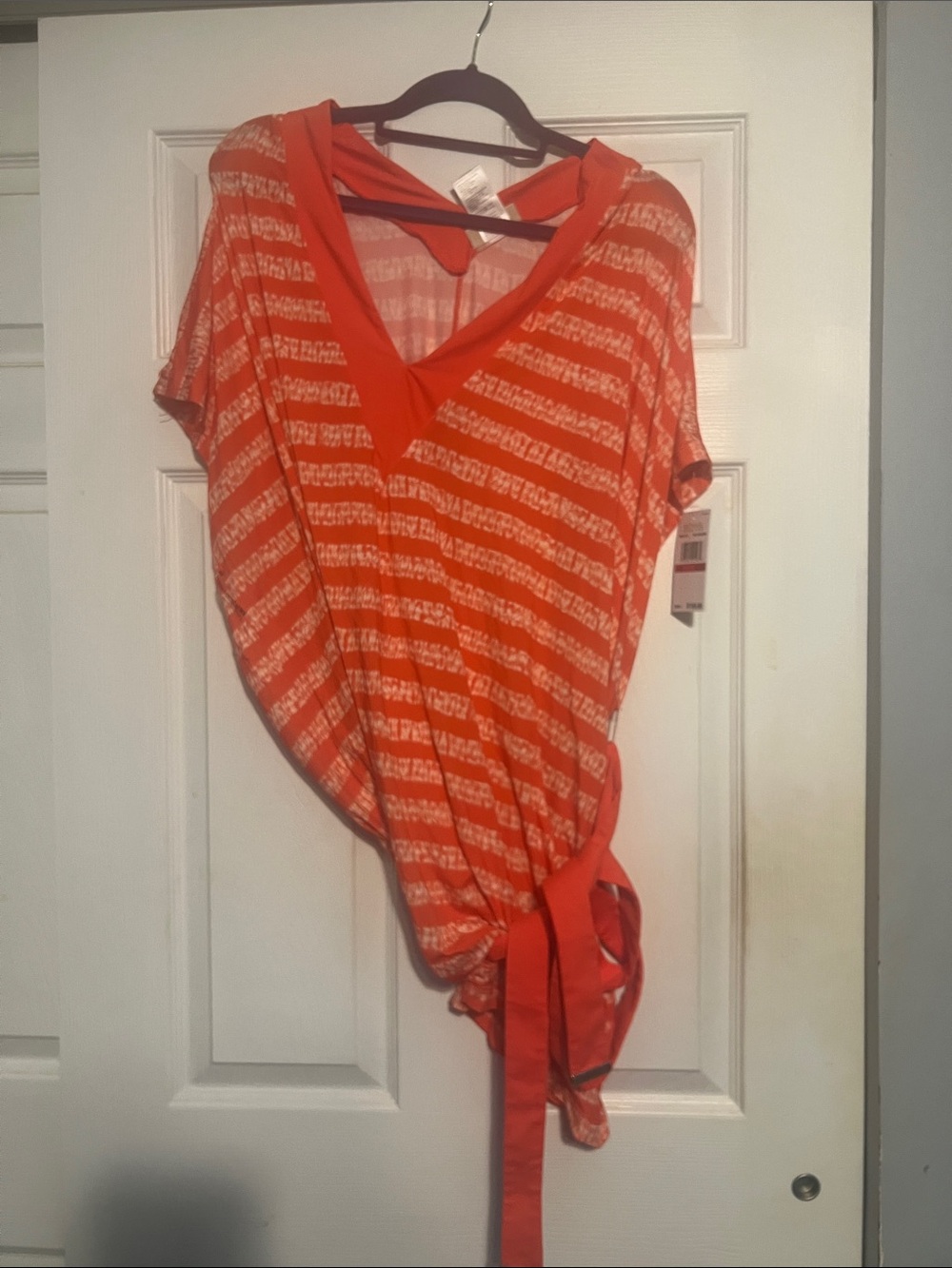 Michael Kors Orange Striped V-Neck Tie-Waist Tunic the color is sangria
